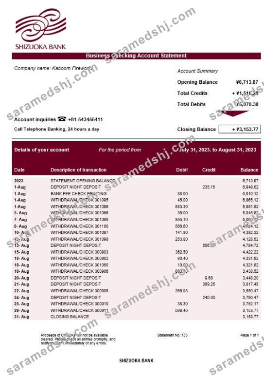 Shizuoka Bank organization checking account statement Word and PDF template